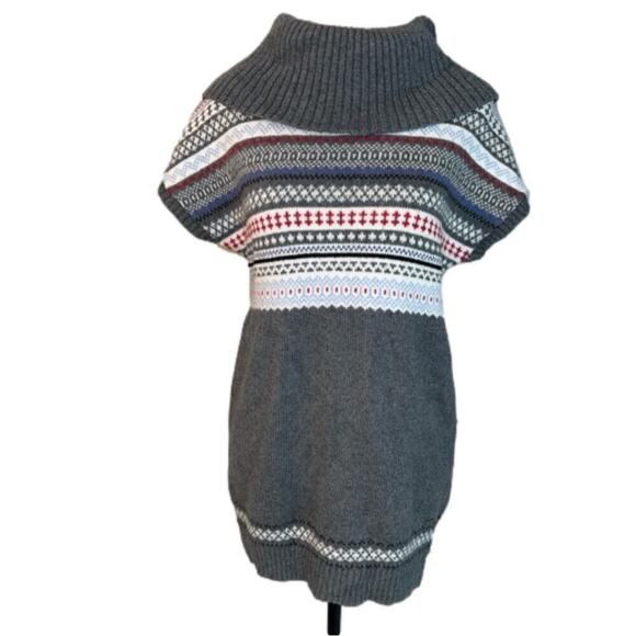 Tommy Hilfiger Fair Isle Wide Neck Hip Length Cap Sleeve Sweater Size M Gray Red - Picture 1 of 11
